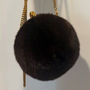 Oscar de la Renta Fur Pom-Pom Crossbody Bag in Dark Brown with Gold Hardware